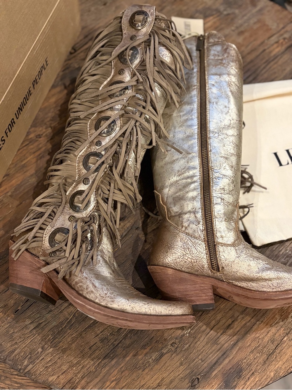 LIBERTY Black Metallic Taupe Fringe Lace-Up Western Boots - pewter - Picture 6 of 9